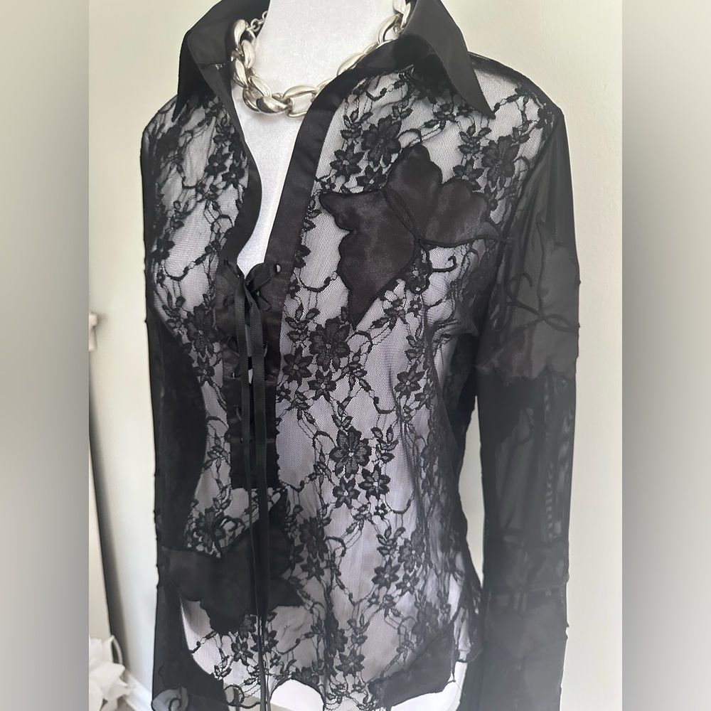 Simon Chang Black Floral Lace Button Down Shirt